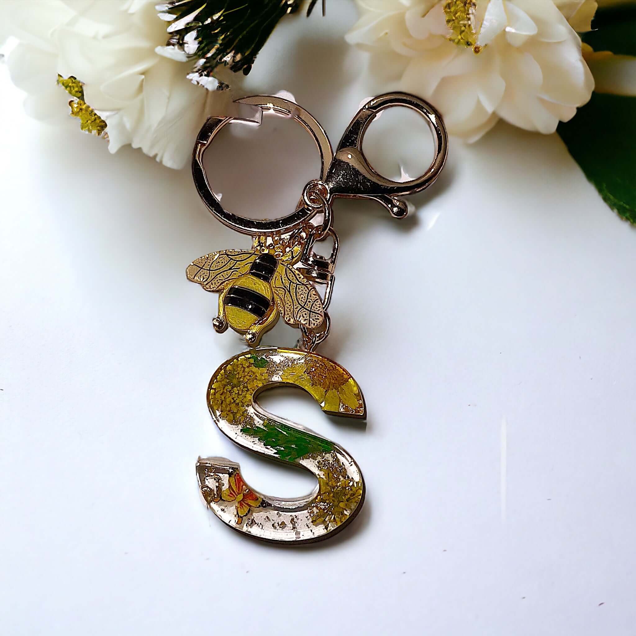 Yellow Flowers Gold Flakes Resin Initial Keychain with Bumble Bee Charm