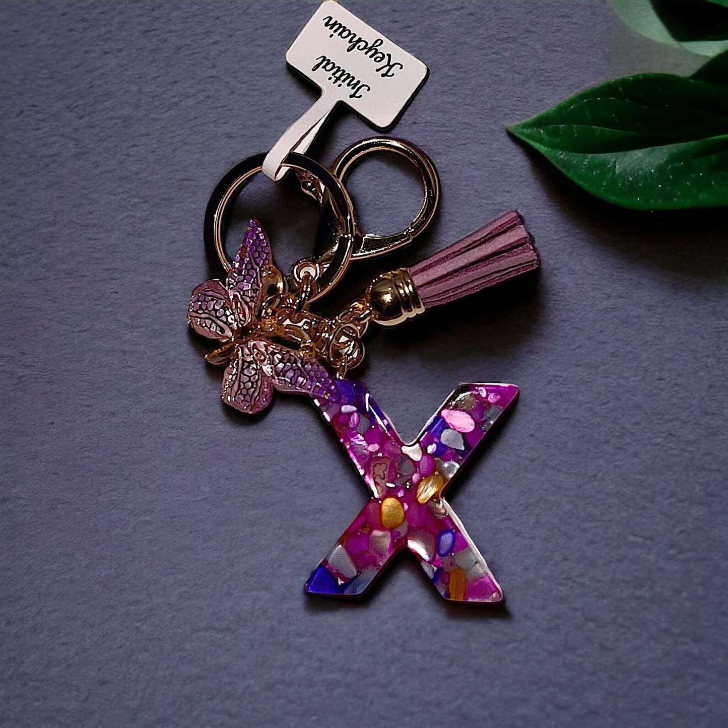 Multiple Color Stone Resin Keychain with Butterfly Charm and Tassel