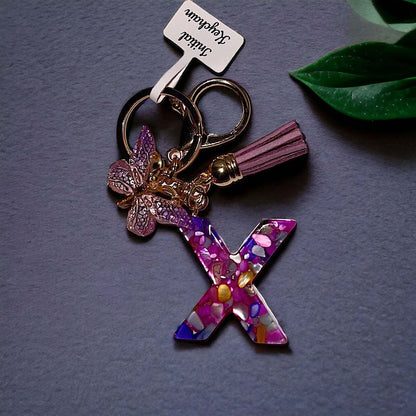 Multiple Color Stone Resin Keychain with Butterfly Charm and Tassel