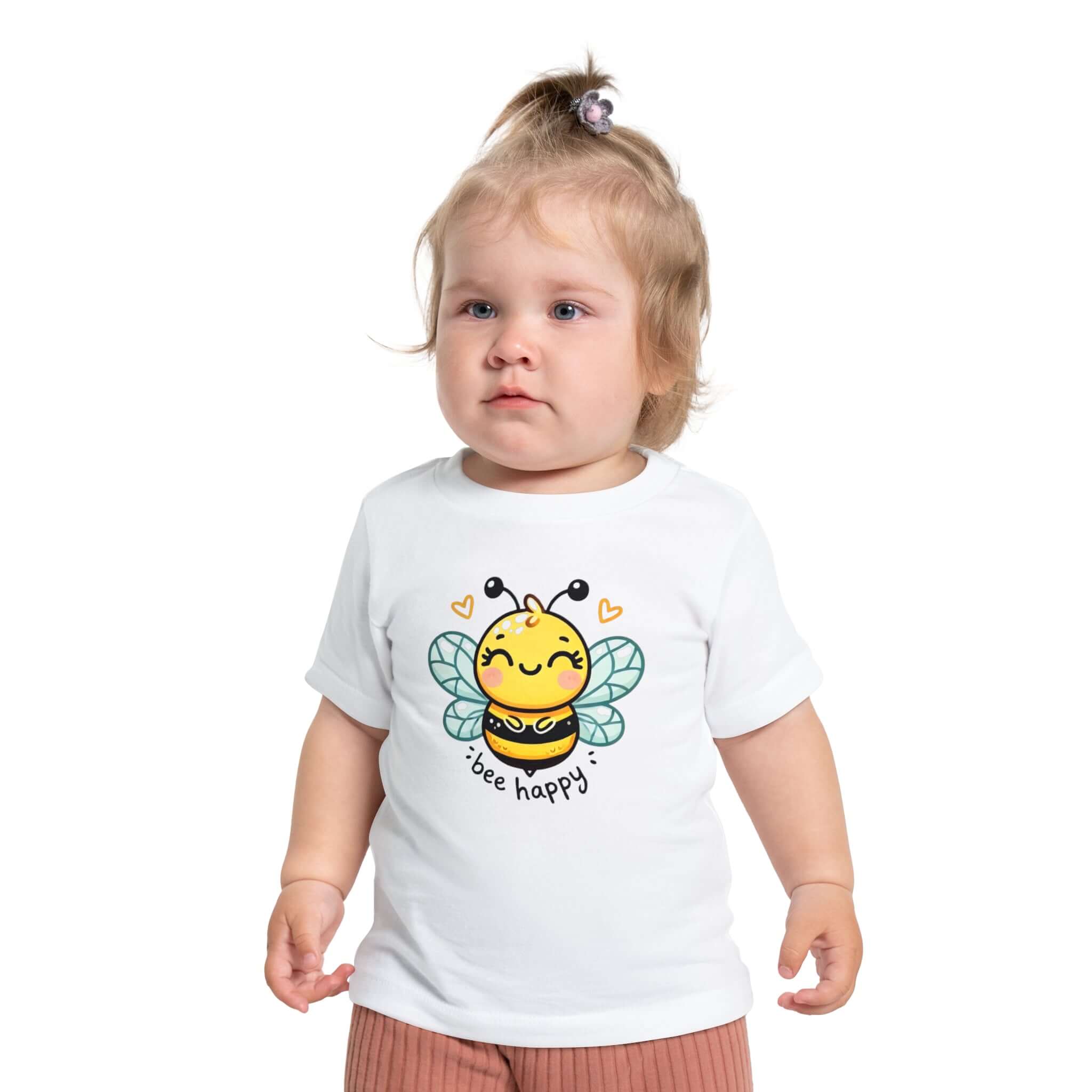 Toddler wearing a cute 'Bee Happy' t-shirt with a happy bumble bee design.