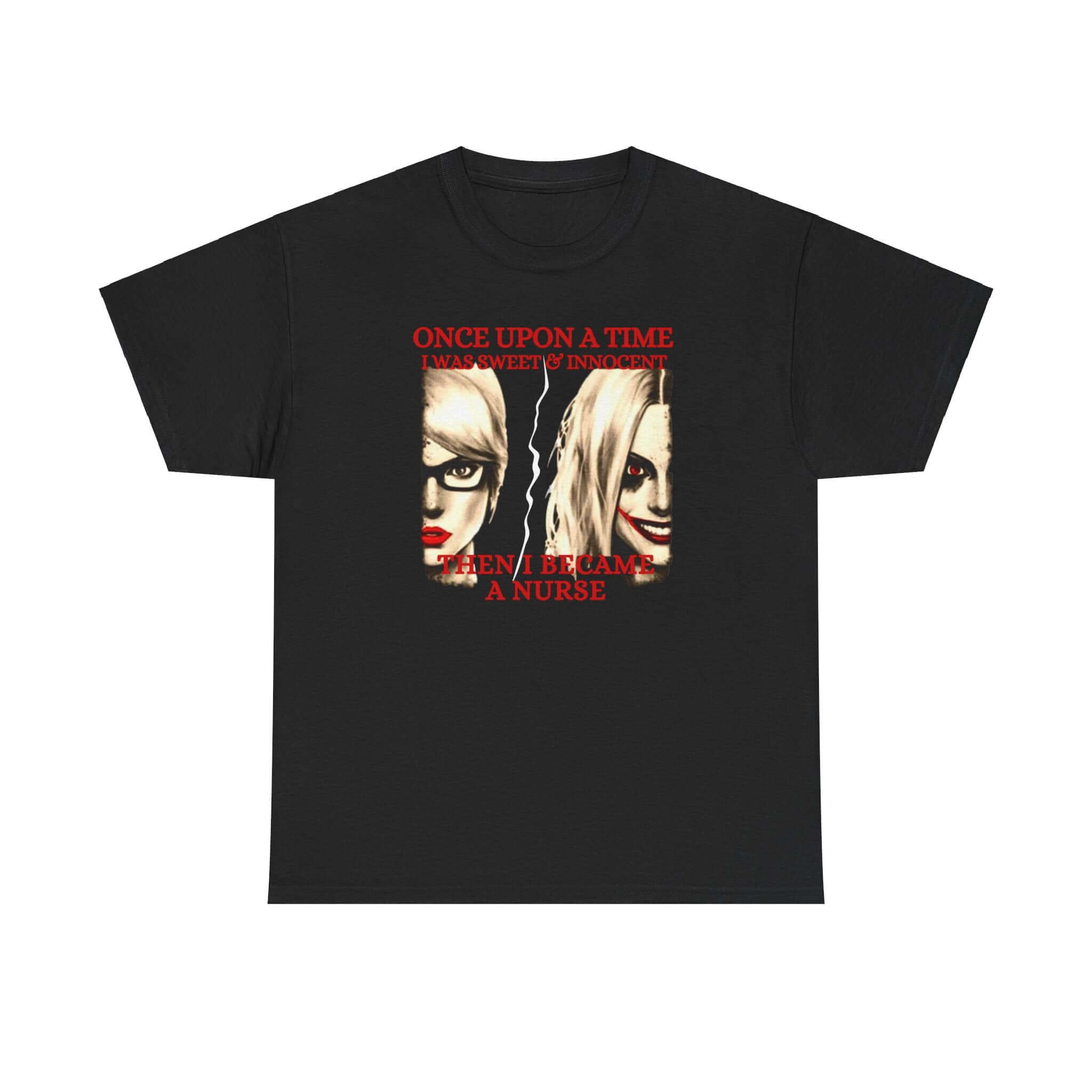 Unisex heavy cotton tee featuring Harley Quinn split design with nurse theme, playful casual fashion.