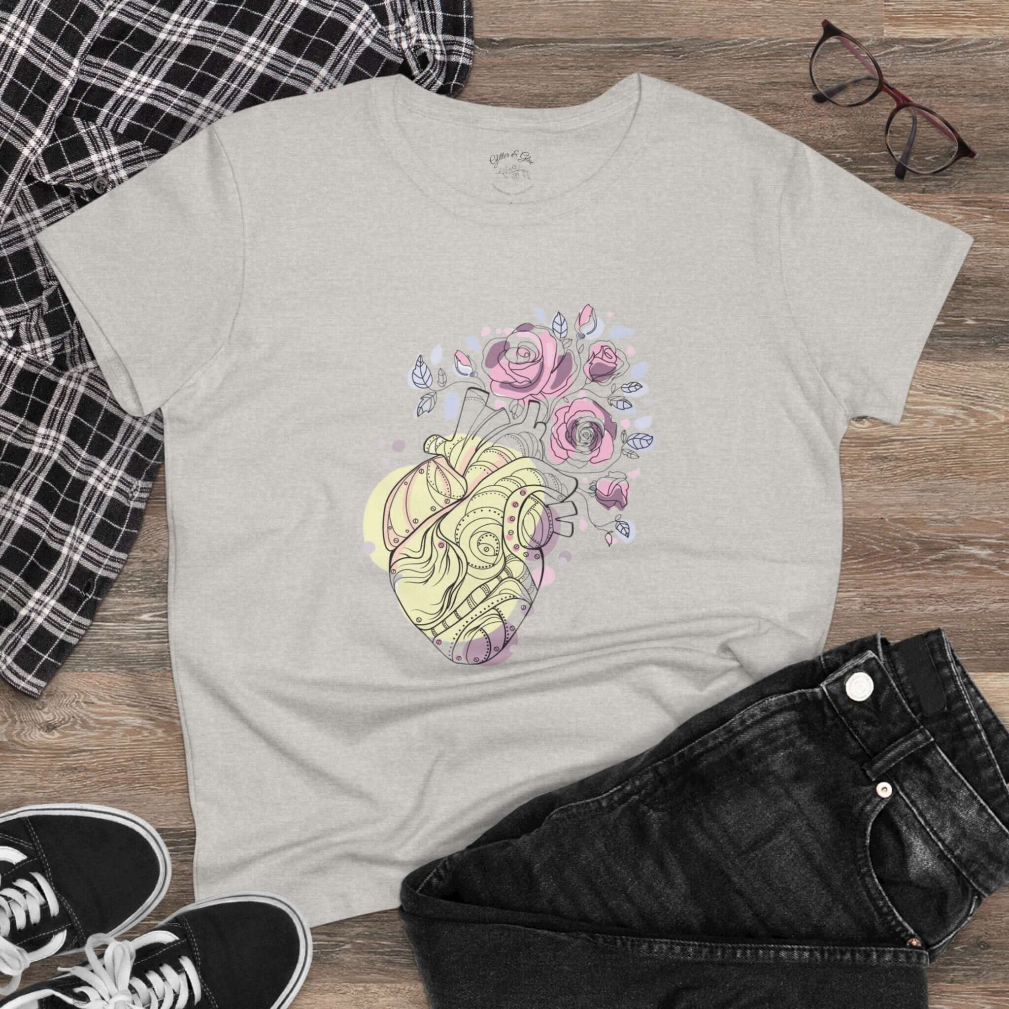 Heart with flowers design on a light women's cotton tee, perfect for medical professionals and stylish wardrobes.