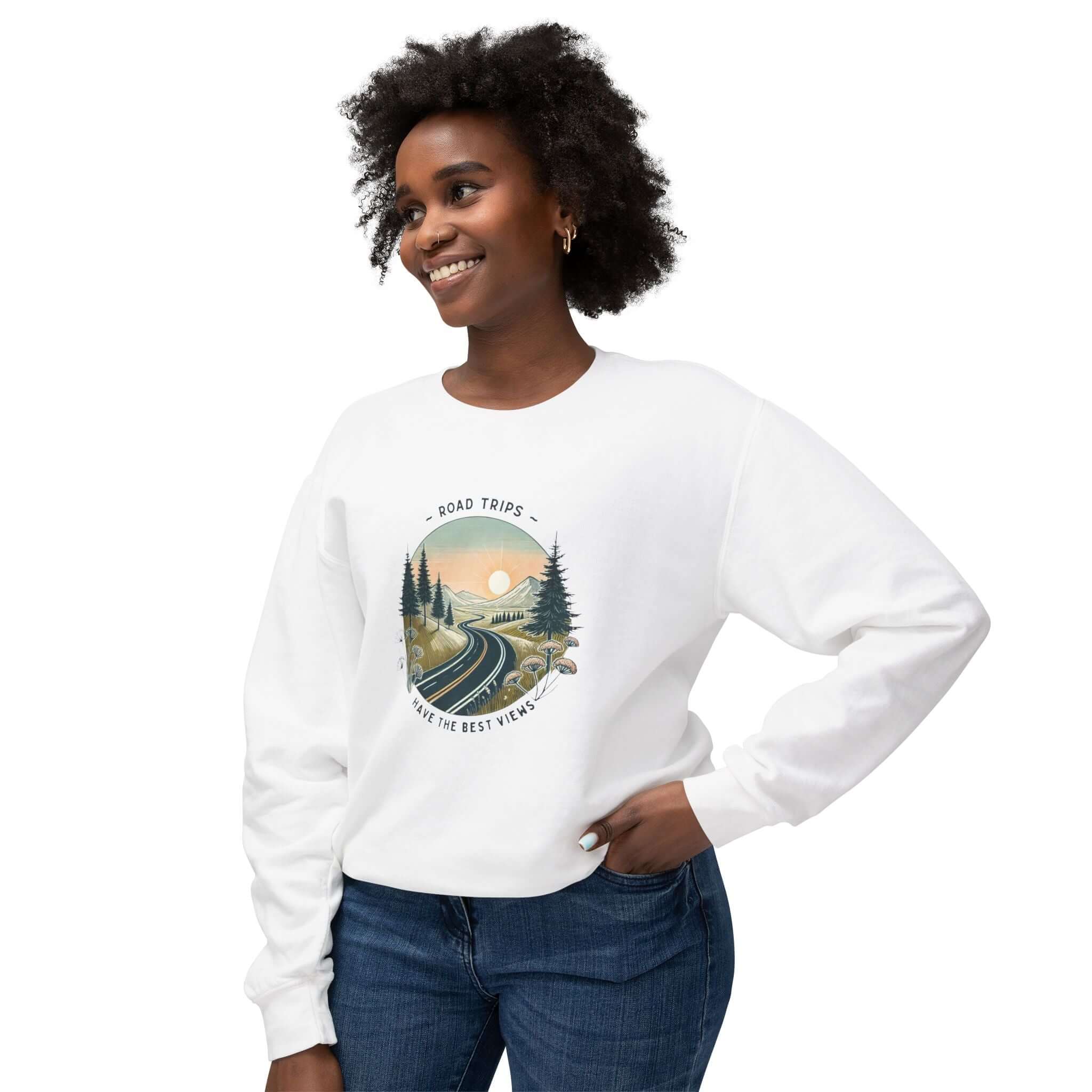 Unisex lightweight crewneck sweatshirt with 'Road Trips Have the Best Views' design and scenic road print.