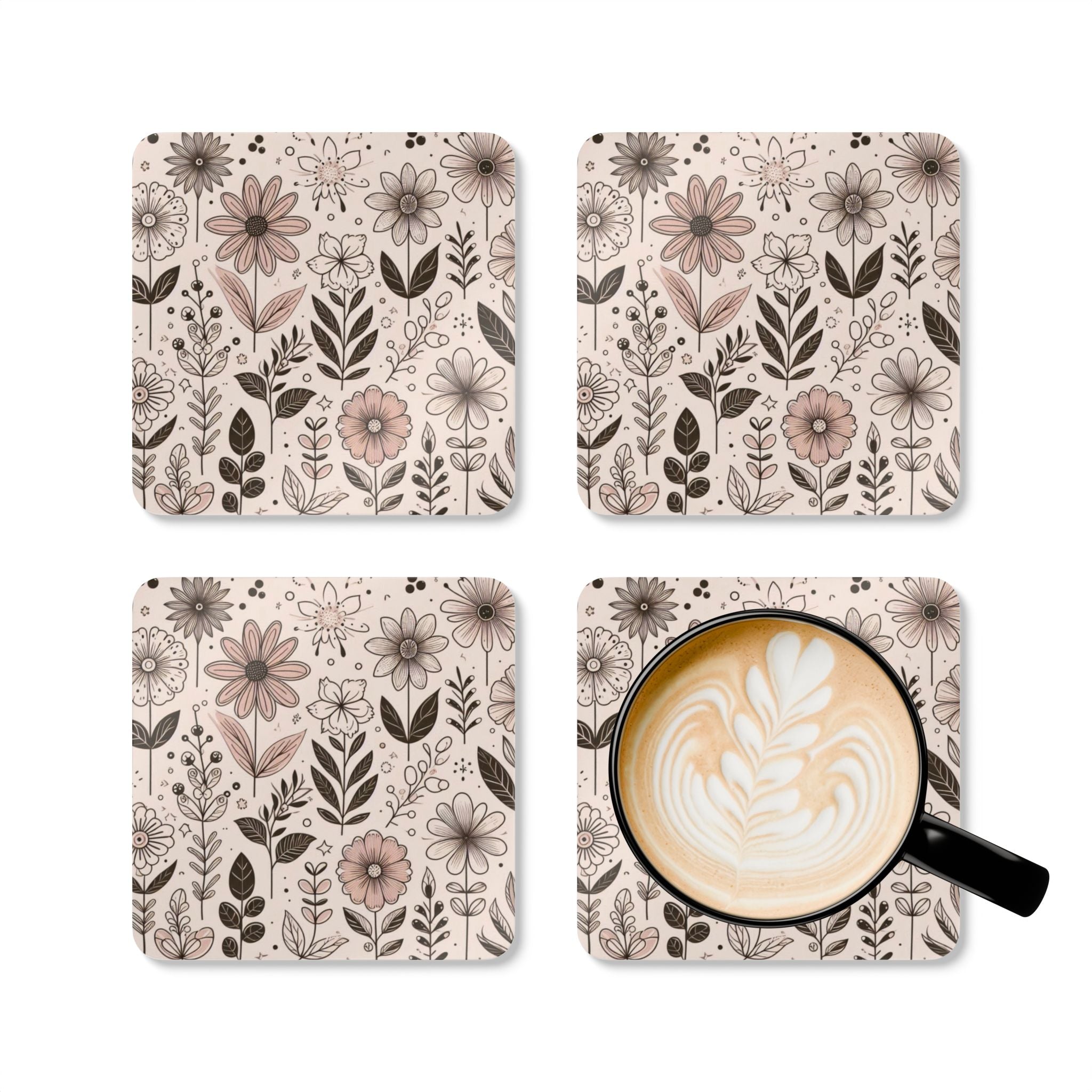 Floral Cork Coaster Set - Botanical Drink Coasters for Home Decor, Gift for Garden Lovers, Rustic Dining, Coffee Table Accessories