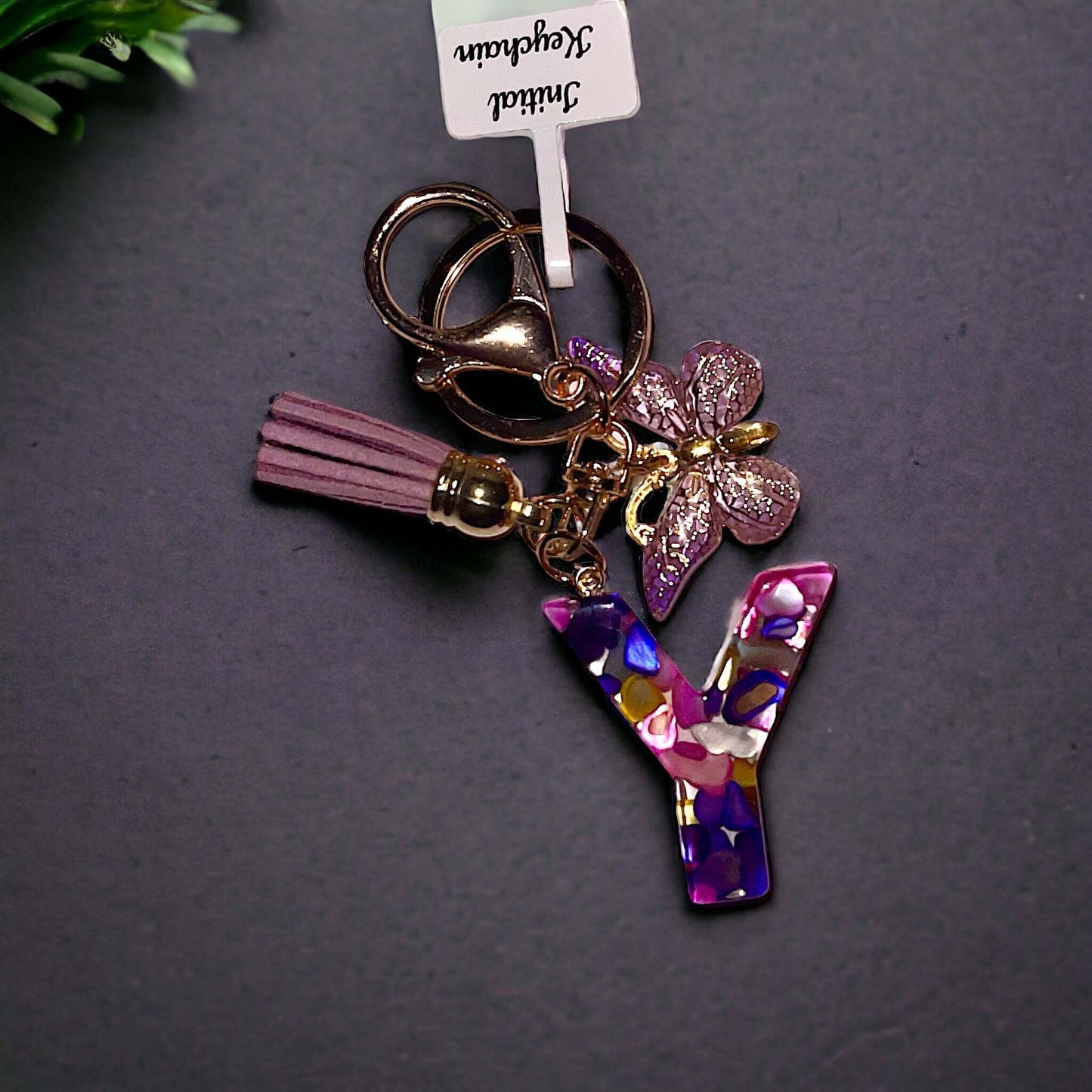 Multiple Color Stone Resin Keychain with Butterfly Charm and Tassel