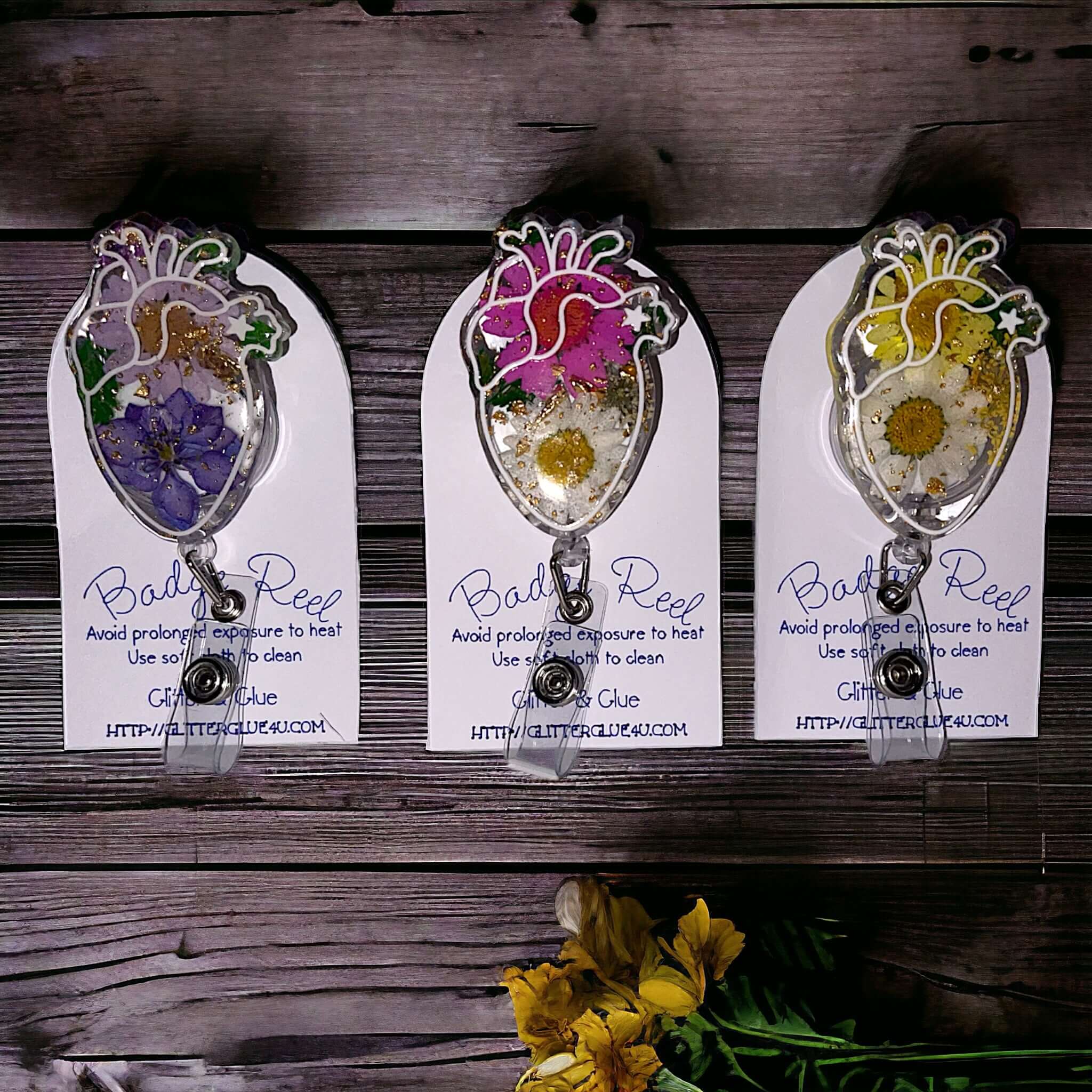 Badge Reel heart shaped Resin Dried Flowers Multiple Colors