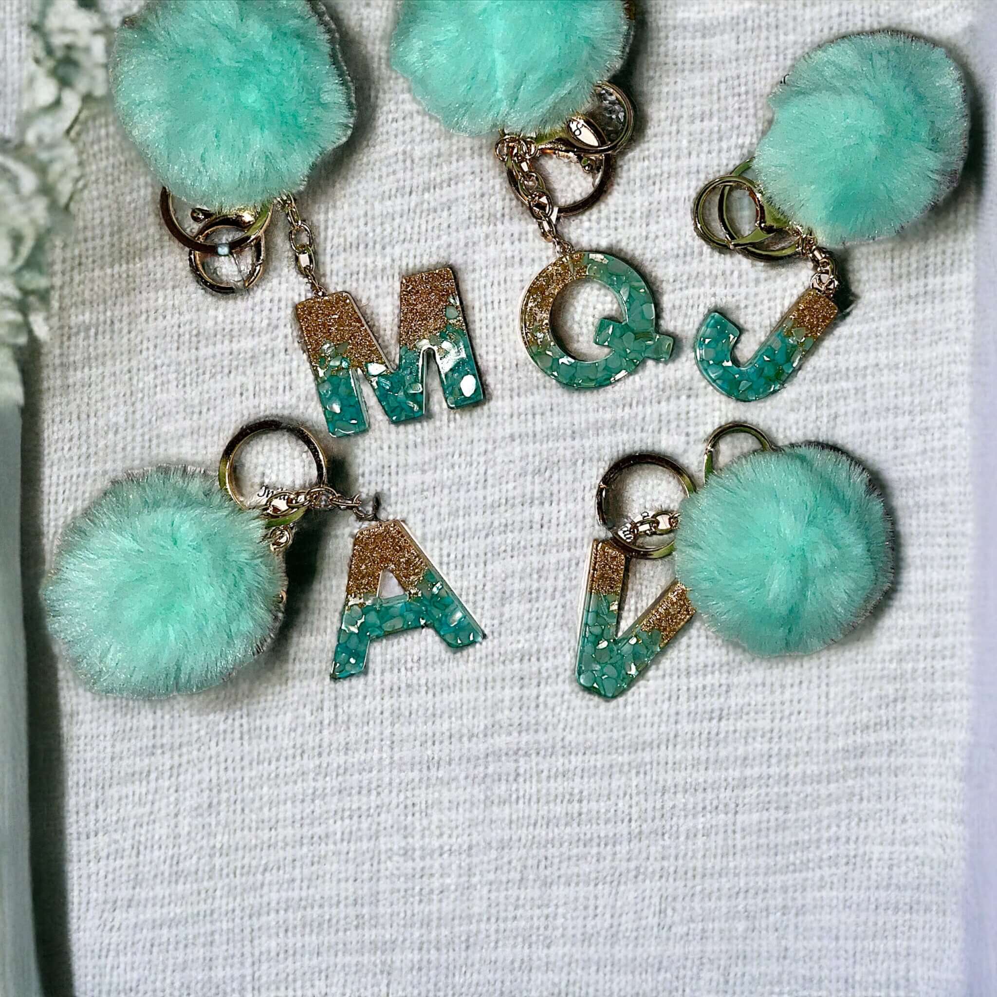 Initial Resin Keychain turquoise stone gold glitter Pom Pom