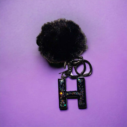 Initial Keychain Black Star Glitter and Black Pom Pom