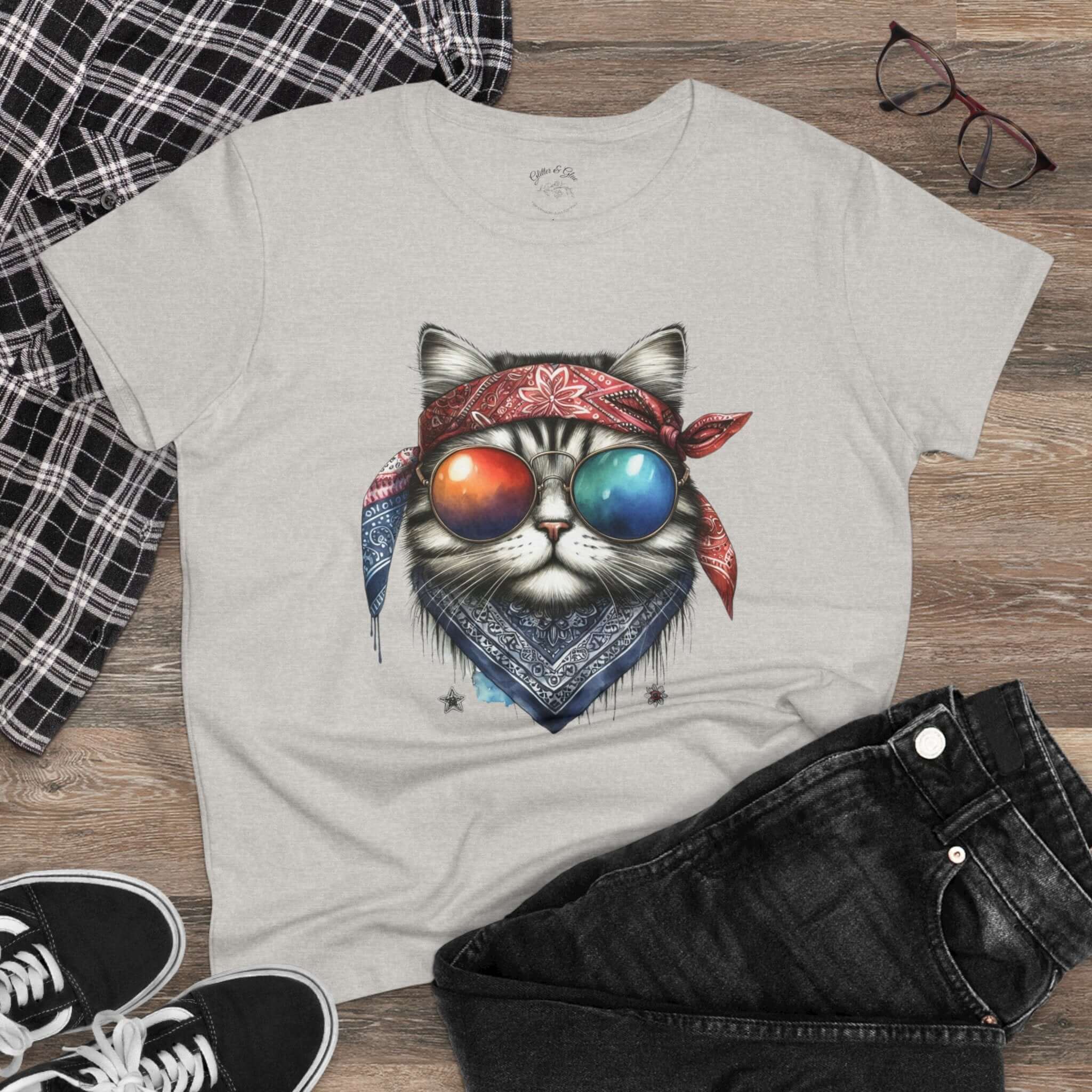 Cat Sunglasses and Bandanna Womens Cotton Tee