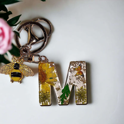 Yellow Flowers Gold Flakes Resin Initial Keychain with Bumble Bee Charm