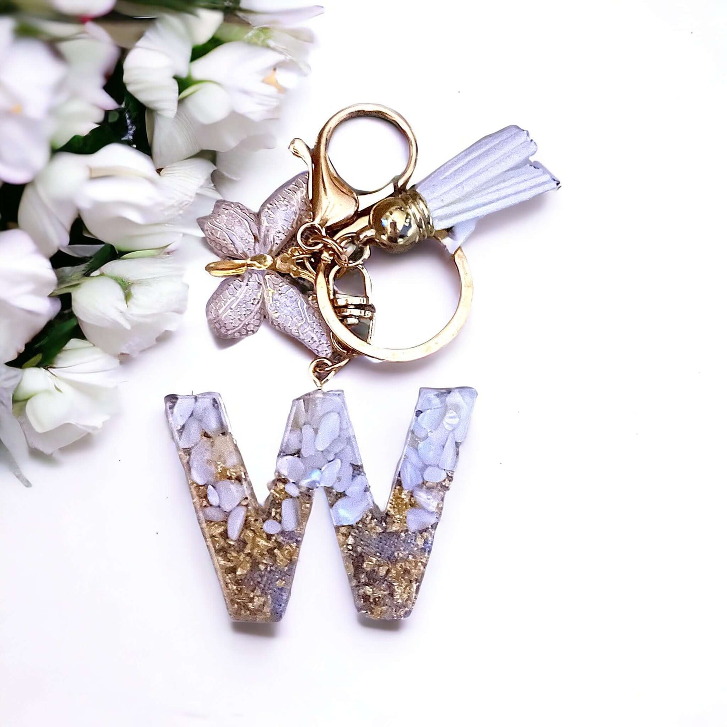 White Stone Gold Flakes Resin Initial Keychain