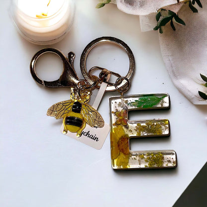 Yellow Flowers Gold Flakes Resin Initial Keychain with Bumble Bee Charm