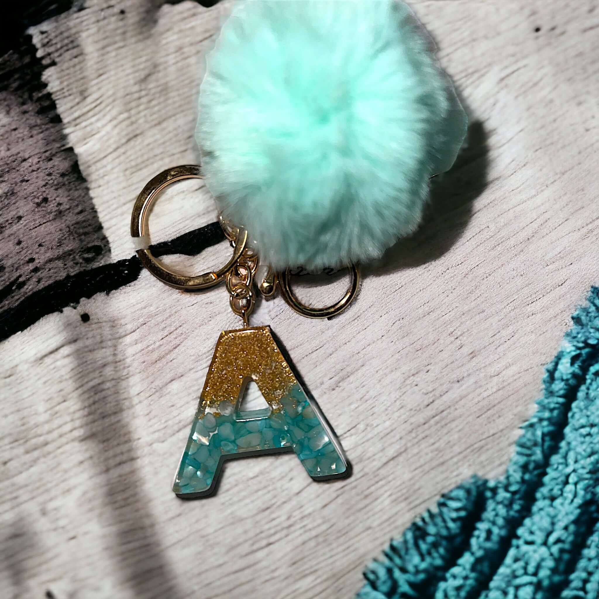 Initial Resin Keychain turquoise stone gold glitter Pom Pom