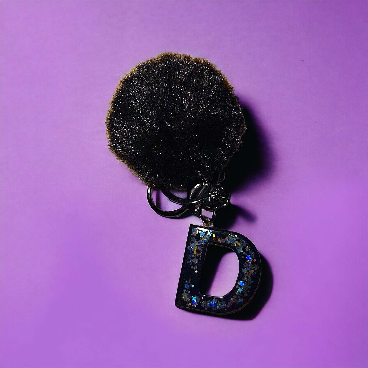 Initial Keychain Black Star Glitter and Black Pom Pom