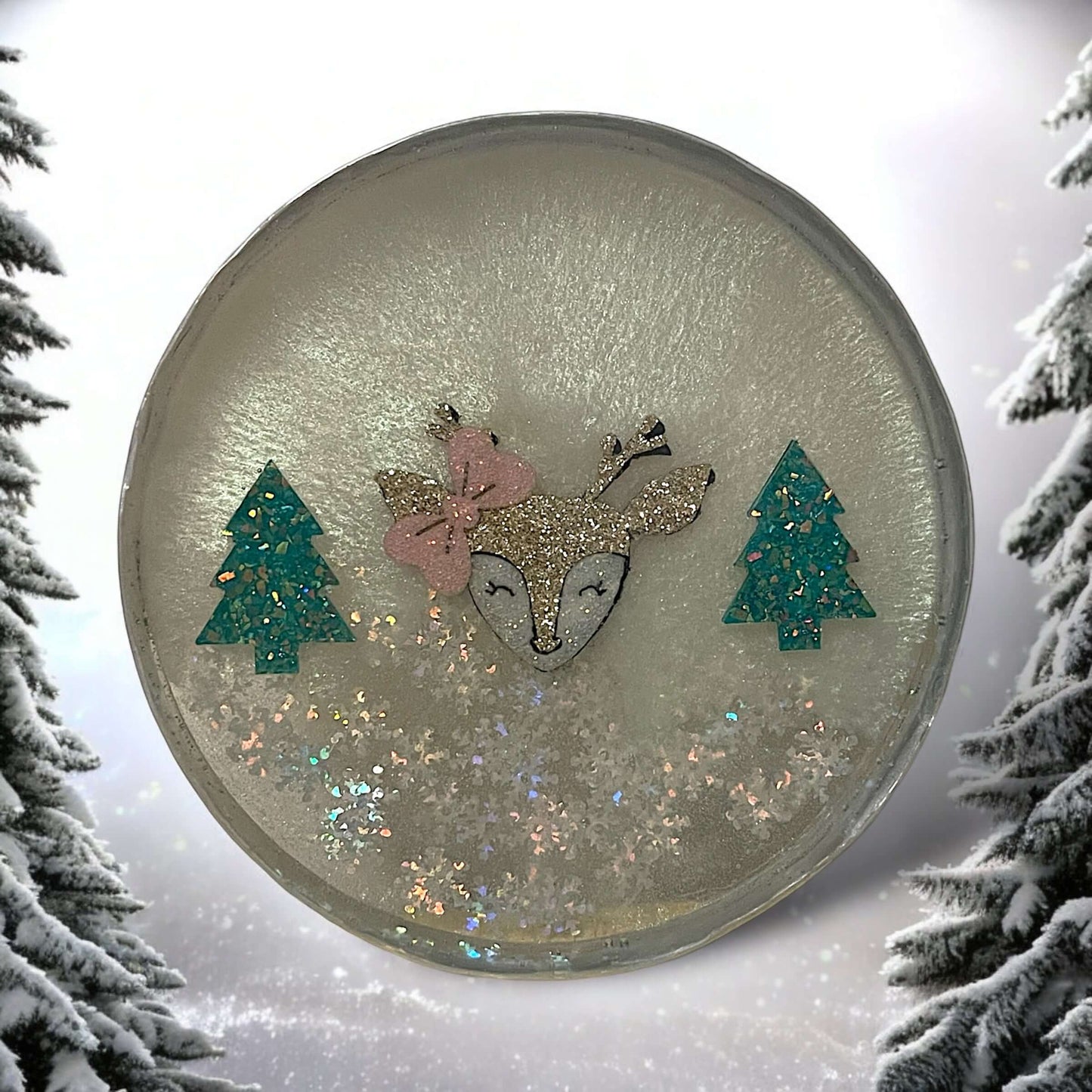 Reindeer with Christmas trees resin coaster