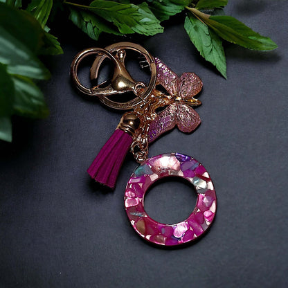 Multiple Color Stone Resin Keychain with Butterfly Charm and Tassel