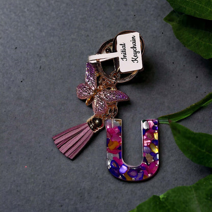 Multiple Color Stone Resin Keychain with Butterfly Charm and Tassel