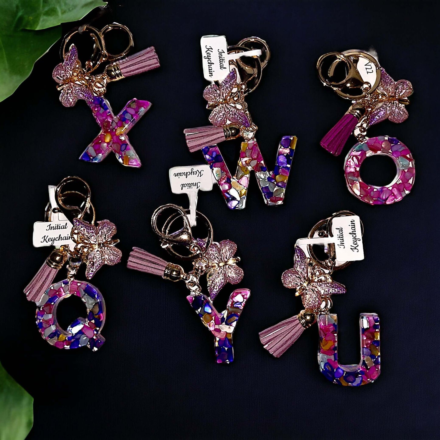 Multiple Color Stone Resin Keychain with Butterfly Charm and Tassel