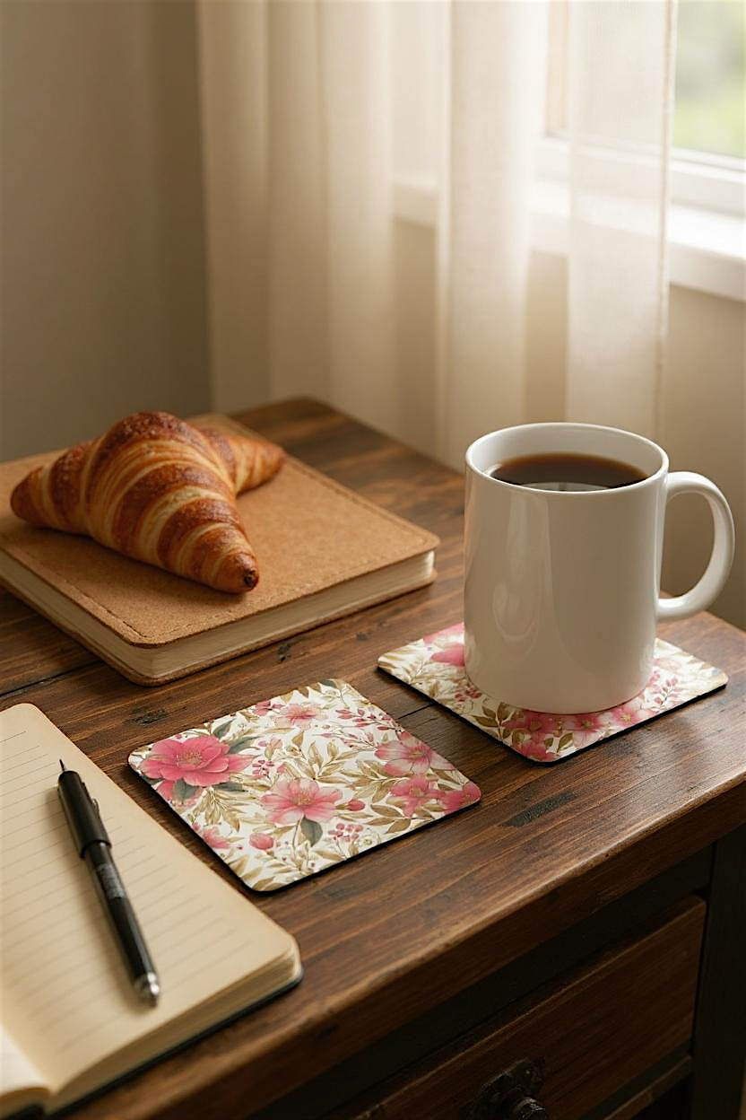 Floral Corkwood Coaster Set - Boho Home Decor, Eco-friendly Gifts, Drink Coasters for Weddings, Housewarming, or Everyday Use