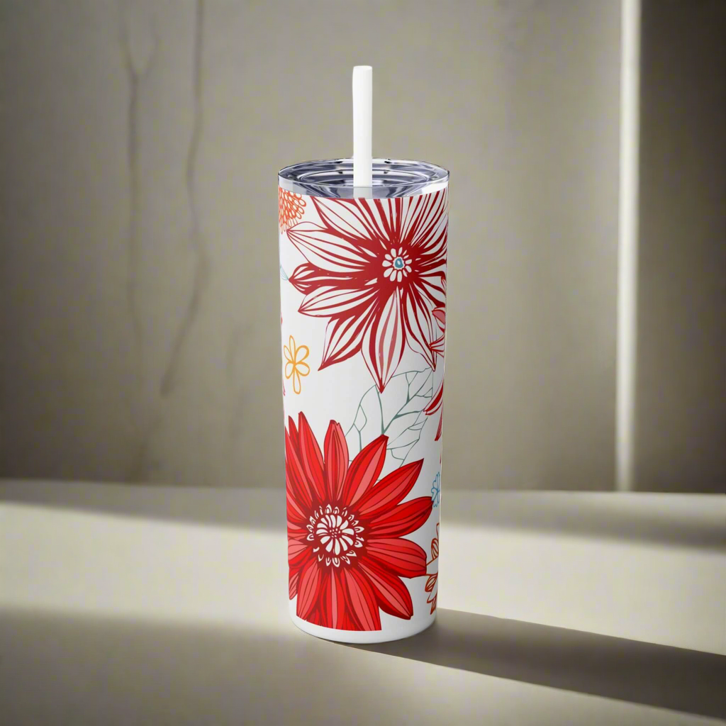 Flower Skinny Tumbler with Straw 20oz pink and red