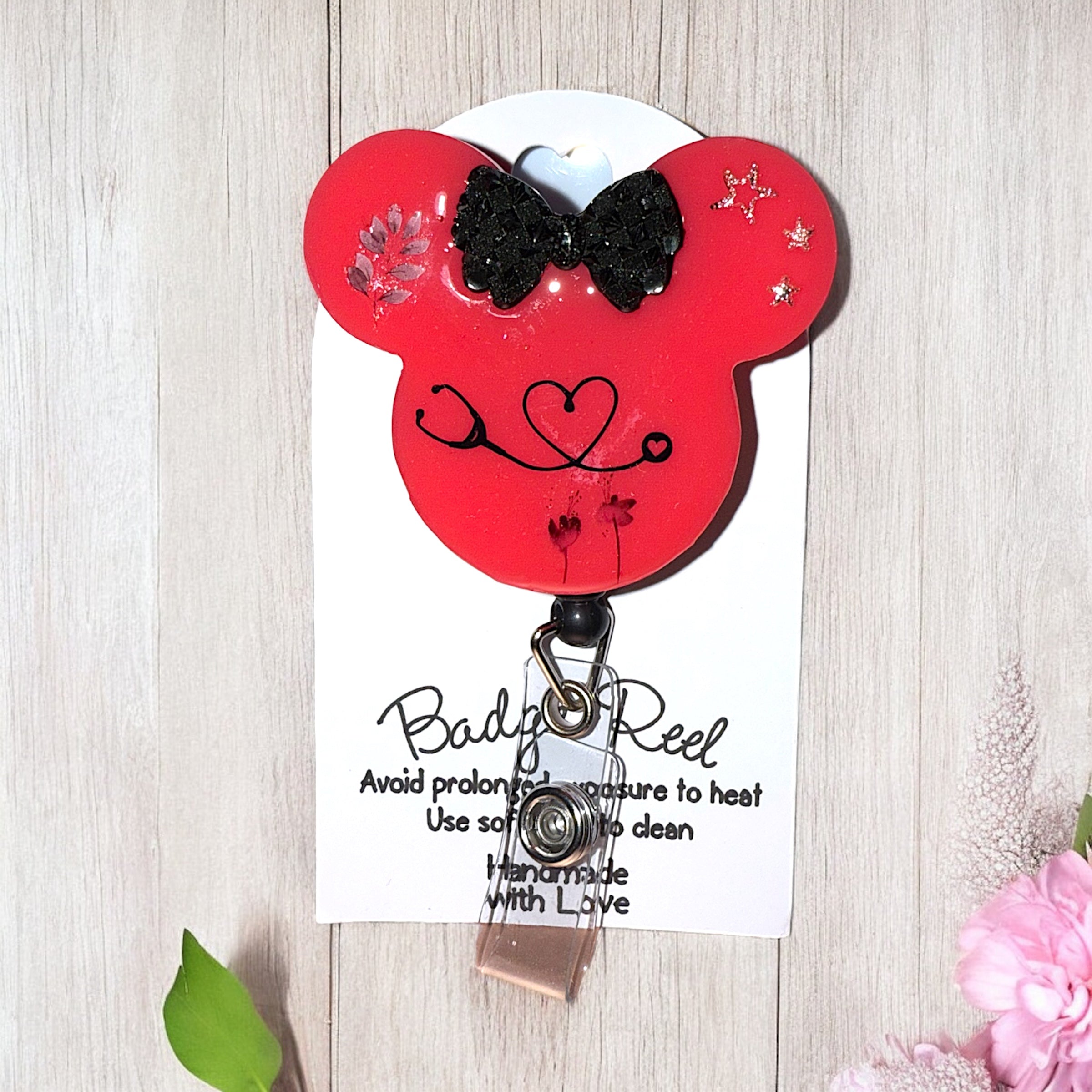 Custom Minnie Mouse Badge Reel Stethoscope and Flowers Alligator Clip