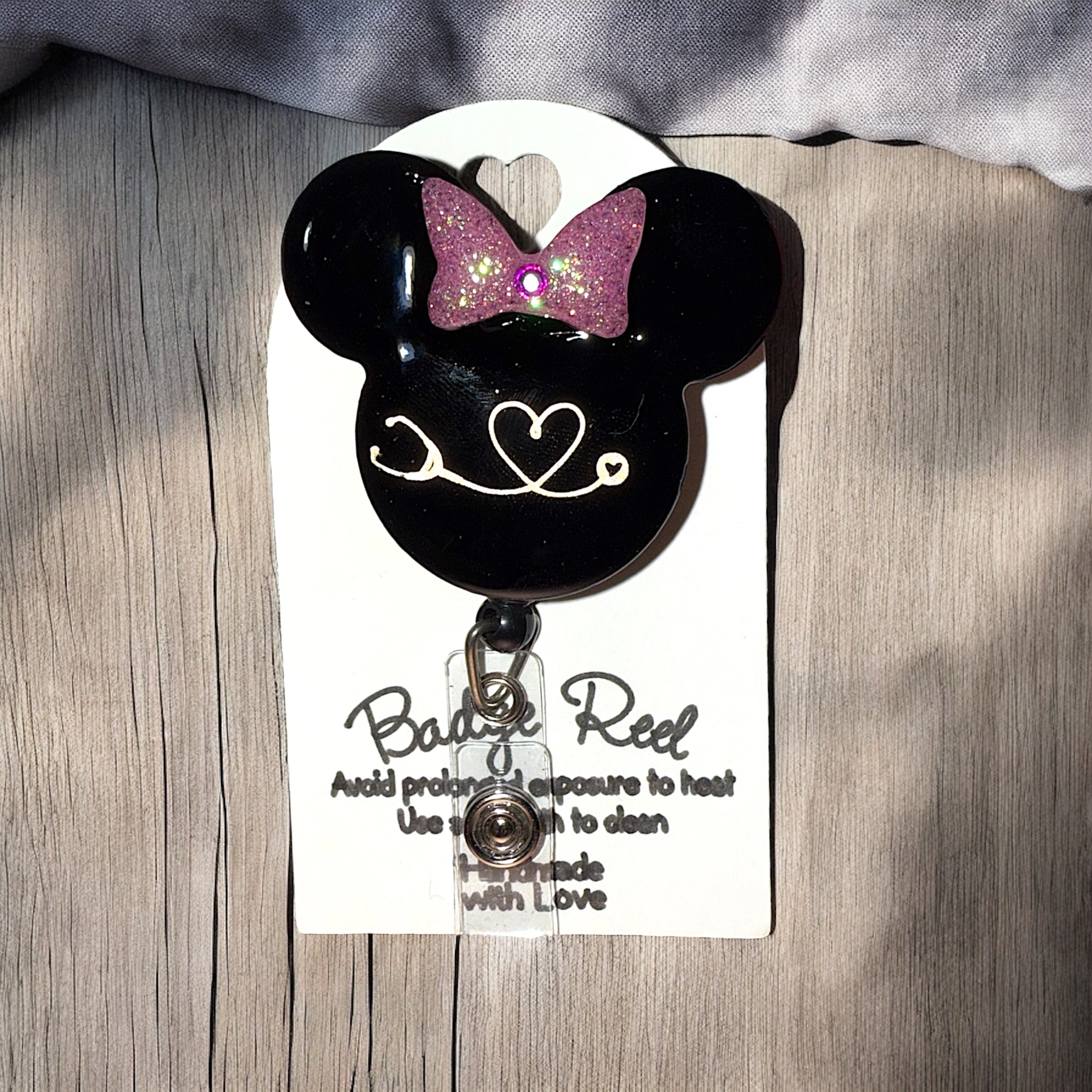 Custom Minnie Mouse Badge Reel Stethoscope and Flowers Alligator Clip