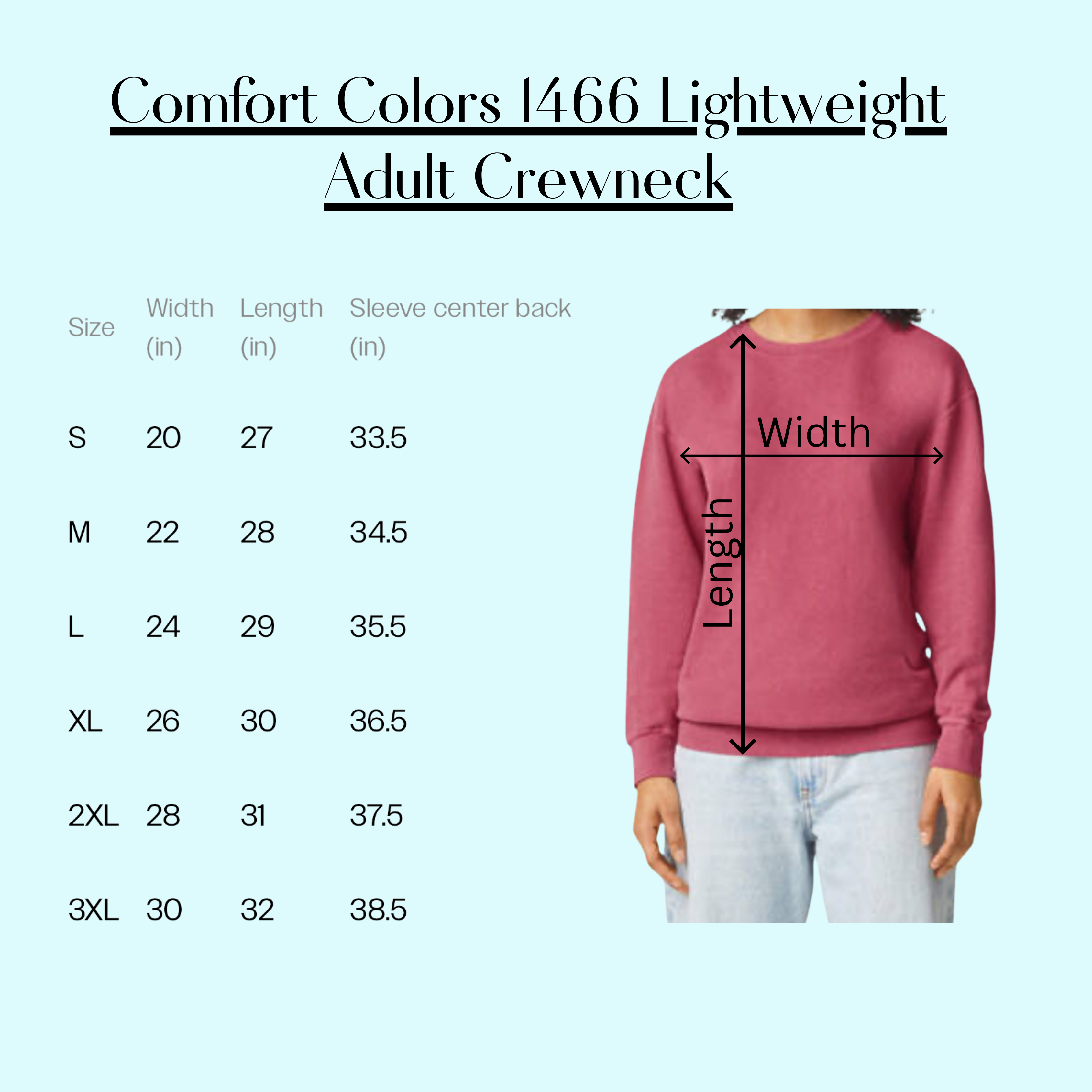 Size chart for Comfort Colors 1466 Lightweight Adult Crewneck Sweatshirt in various sizes.