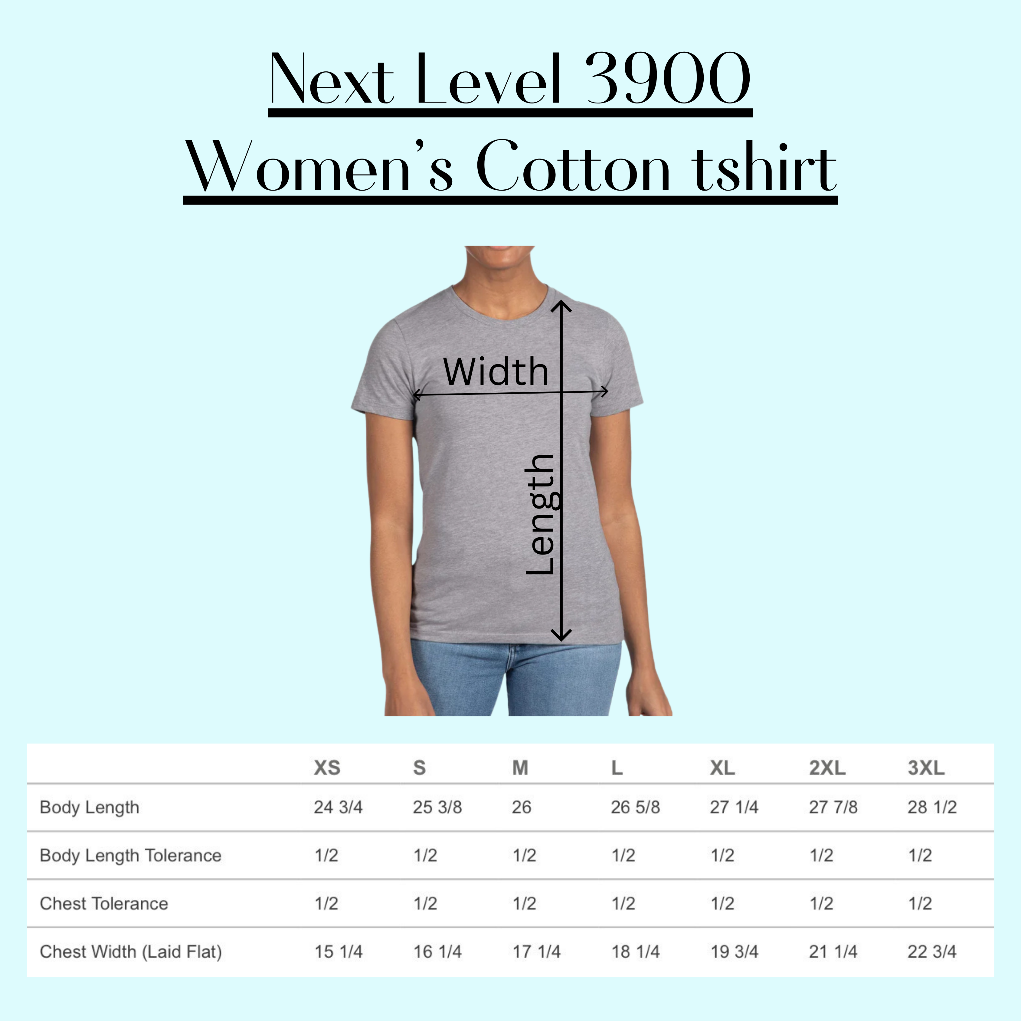 Next Level 3900 women's cotton t-shirt size chart showing body length and width measurements.