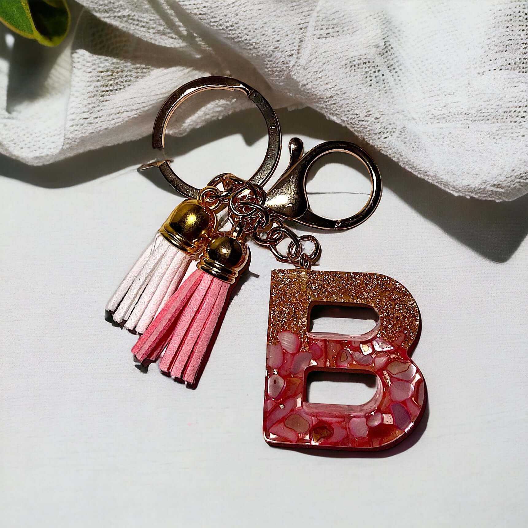 Initial Resin Keychain Pink stone gold glitter