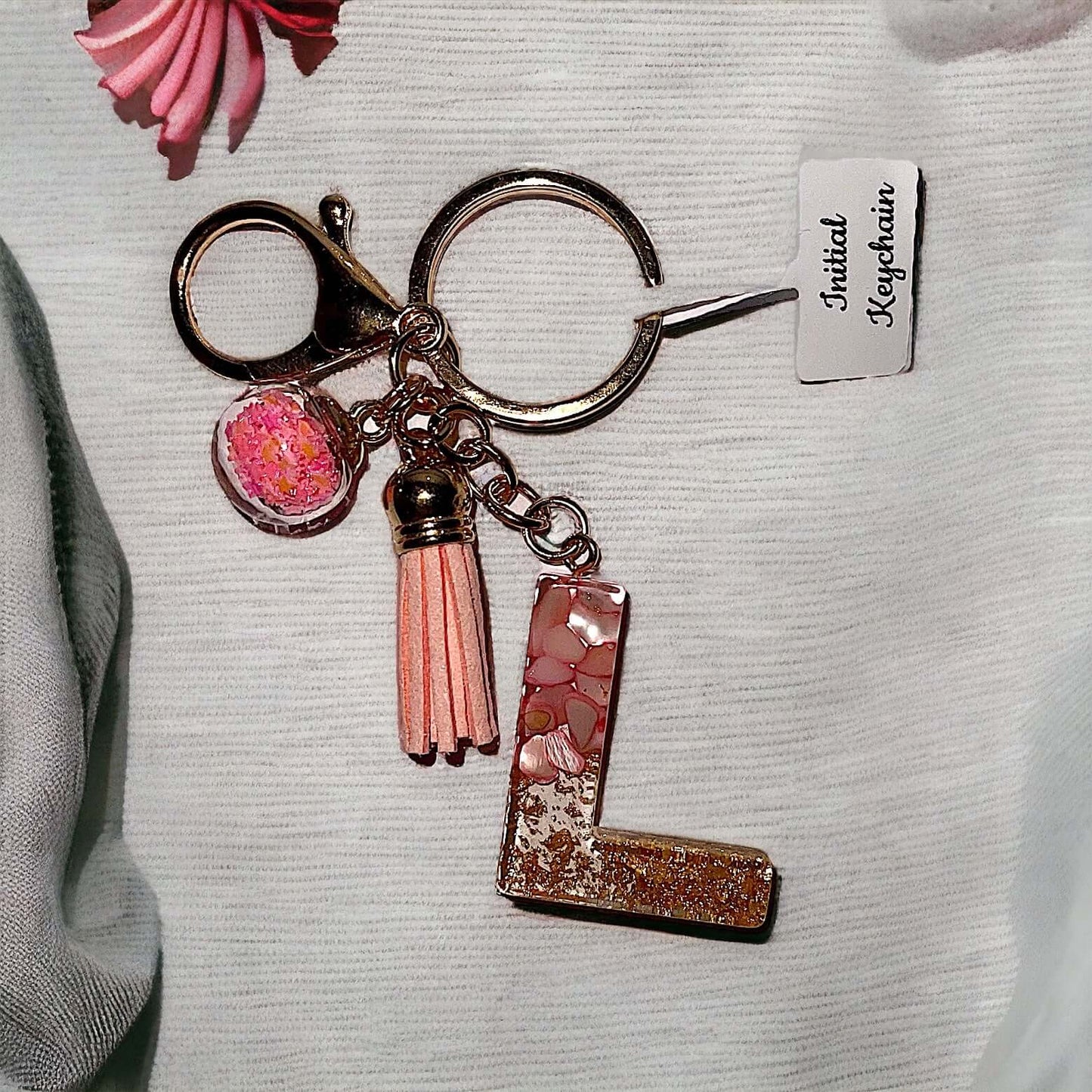 Initial Resin Keychain Pink stone gold glitter