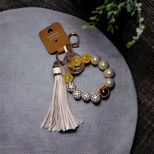 Keychain Wristlet Yellow Plastic Beads Tassel